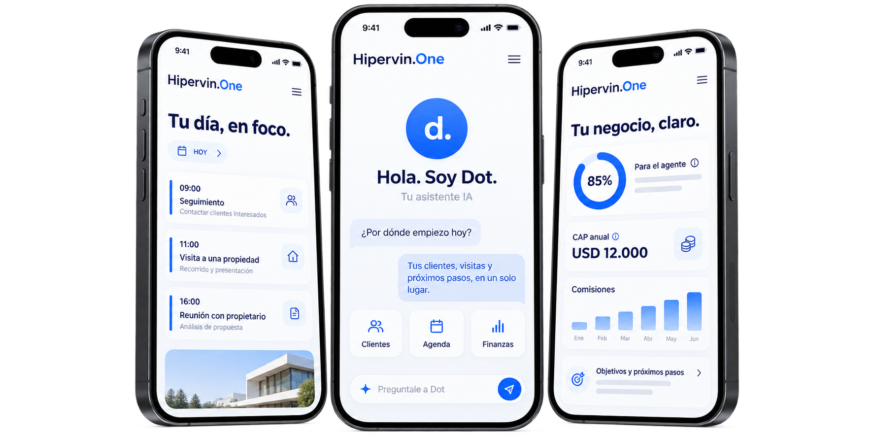 Concepto de Hipervin One en tres celulares: agenda, asistente Dot y finanzas